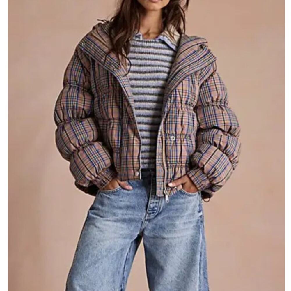 Free People Party Of One Plaid Hooded Puffer Jacket M